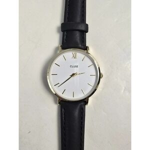 Cluse Minuit Womens Watch 38mm Gold Tone Round White Dial Black Leather Band NWT